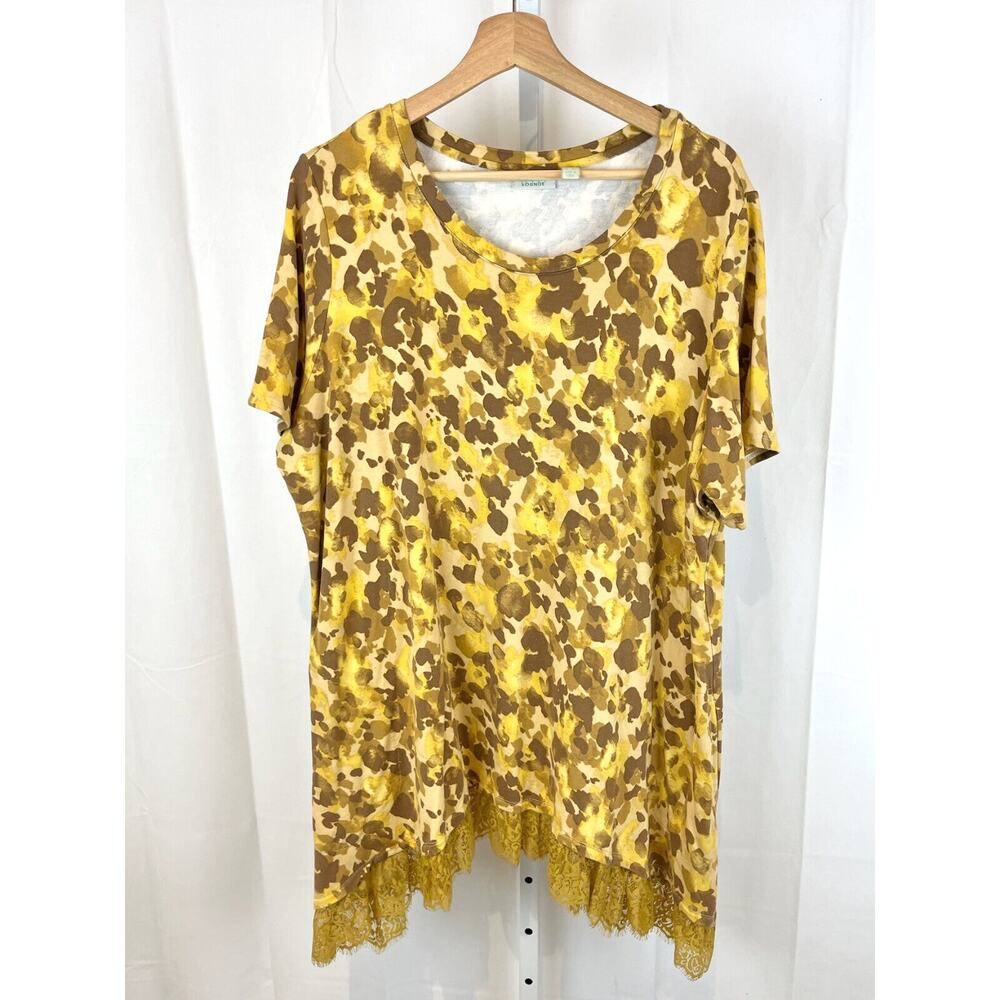 LOGO Lounge Lori Goldstein 2X Terry Knit SS Top Sharkbite Hem Brown Gold Yellow